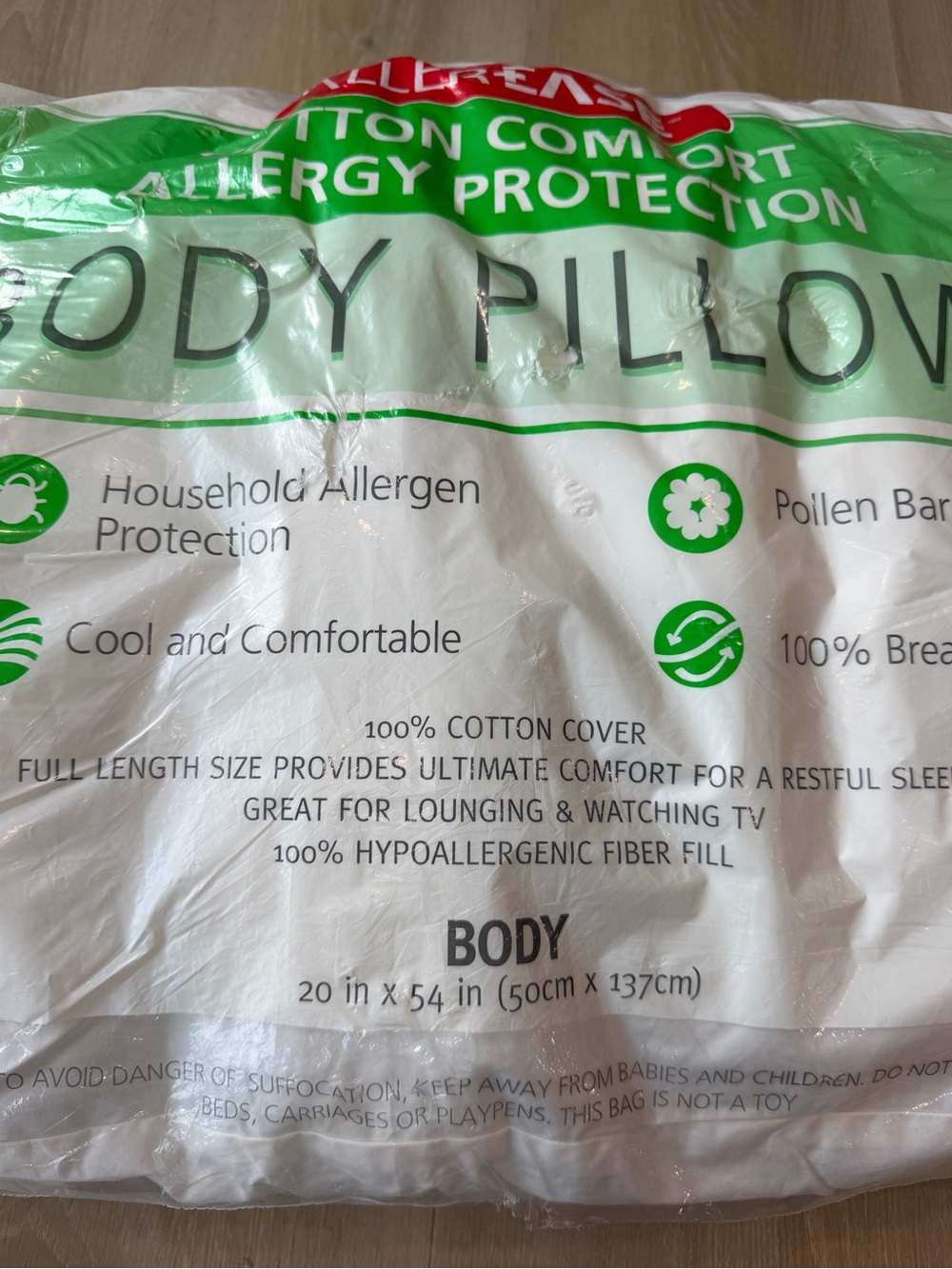 Allerease Cotton Comfort Allergy Protection Body Pillow, New - Picture 3 of 6